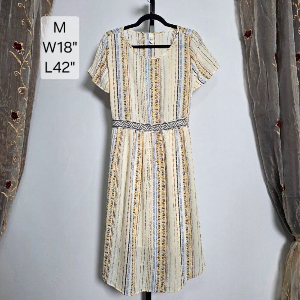 Flamingo Dress Size M Cream Blue Vertical Striped Boho Midi High Low Hem USA